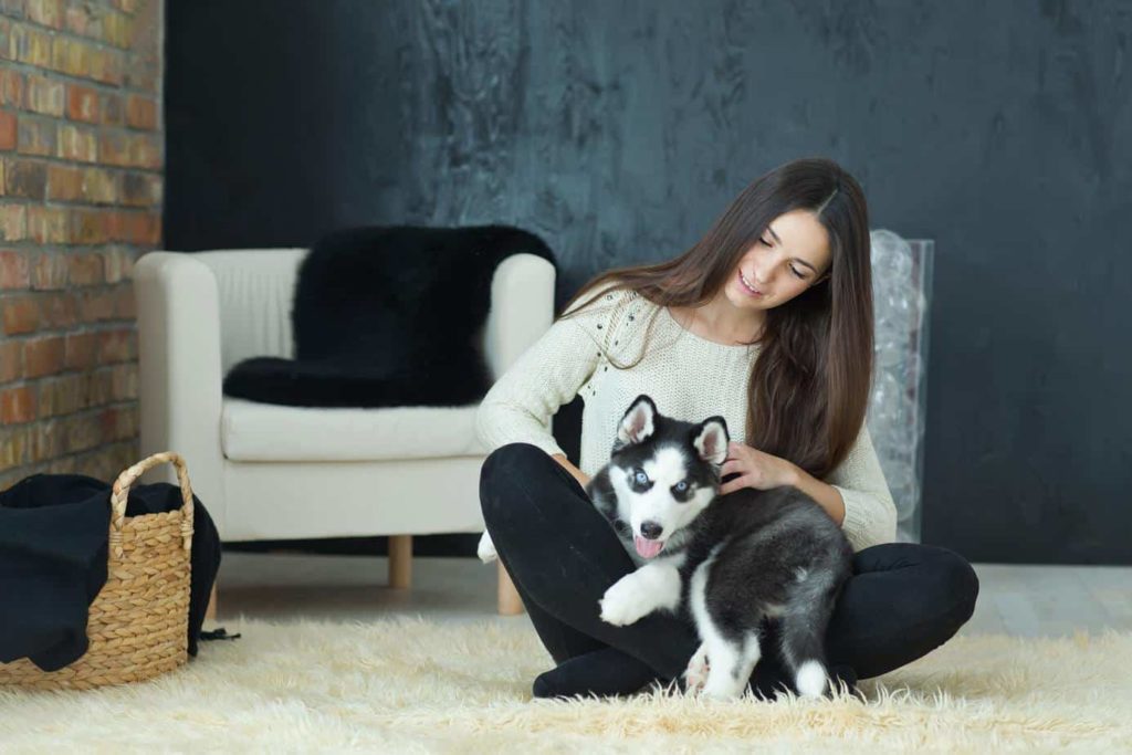 Woman snuggles with her husky puppy. Create a dog-friendly home.