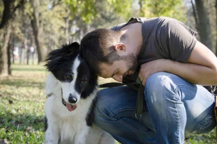 When you re-home dogs, help them adjust by incorporating old habits into their new routines. Be patient and spend lots of time with the dog. Msn cuddles with border collie. Photo for re-home dog post.