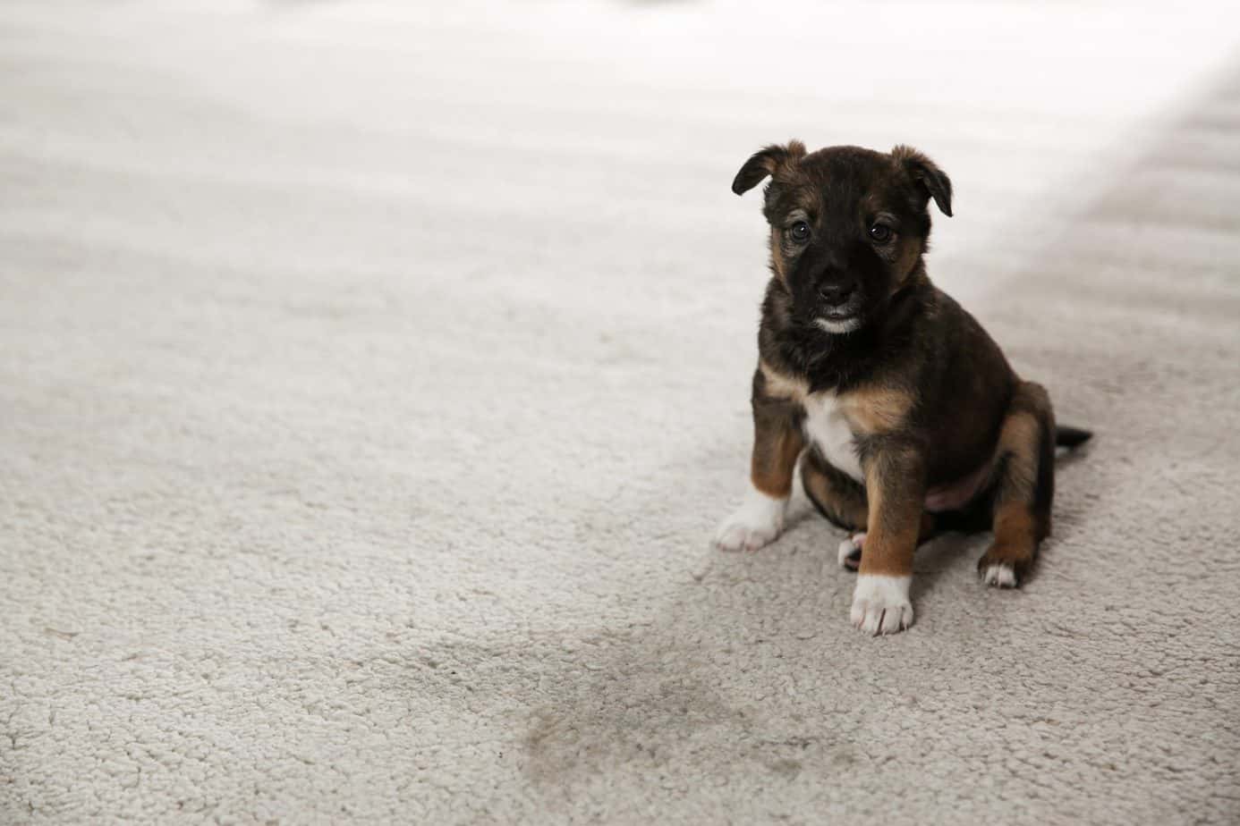 Puppy sits near wet spot on carpet. Enzyme cleaners work differently because they are not masking the odor but neutralizing the odor. The enzymes do the heavy lifting.
