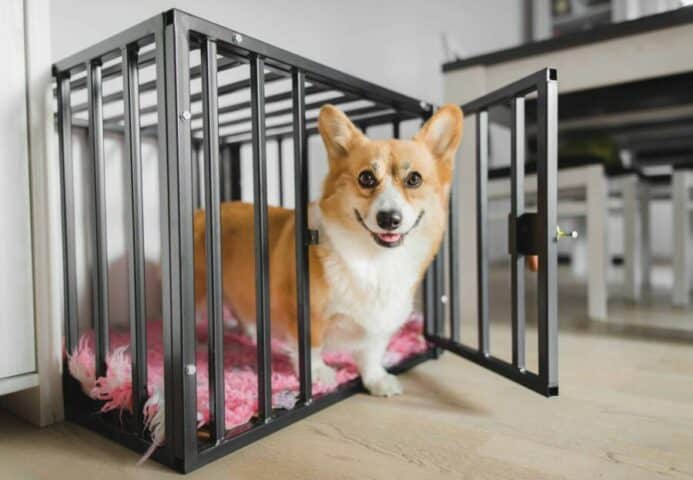 Corgi in an heavy-weight crate.
