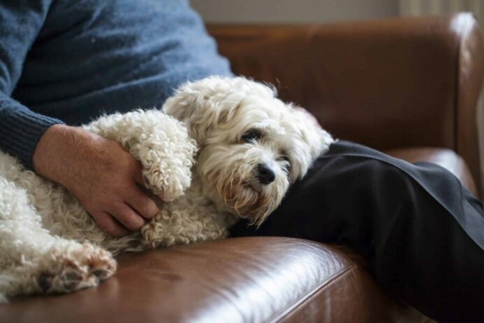 Owner comforts old cockapoo. 