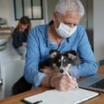 Man wears face mask while holding dog and working from home. Research suggests that there is little to no evidence to suggest dogs can catch COVID-19 or pass it to their owners.