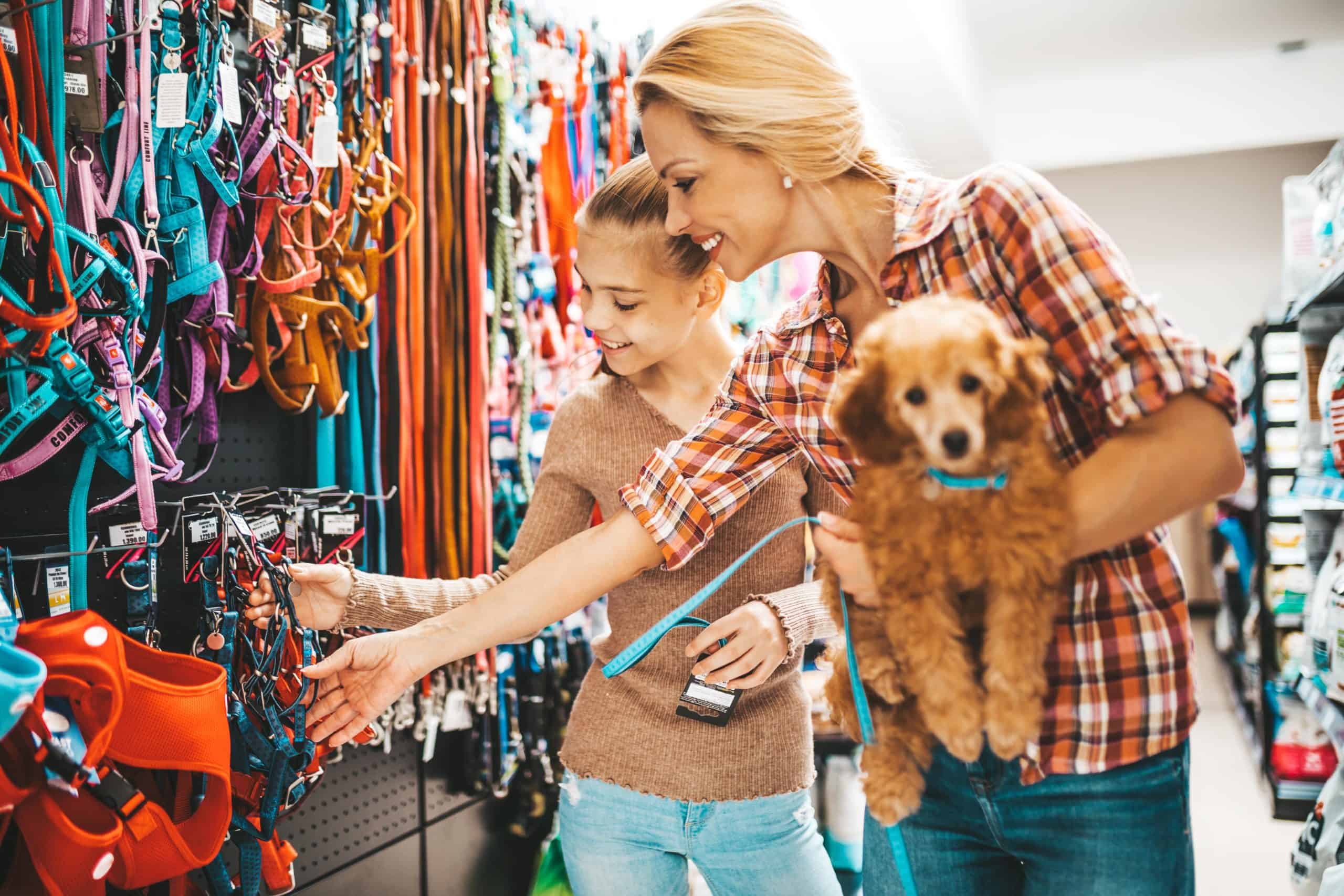 Mom and daughter buy supplies for pet poodle. Buying pet insurance could end up being a good way to save money on medical supplies and medications down the road.