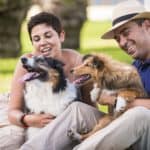 Man and woman meet at park with Australian shepherd and Shetland sheepdog. Survey shows pet parents say their dog has a "better social life" than they do. More than half say their dog has more friends. 