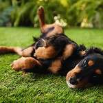 Dachshund rolls on grass. Exposure to weed killers makes dogs vulnerable to everything from nausea, dehydration, and breathing problems to bladder or thyroid cancer.