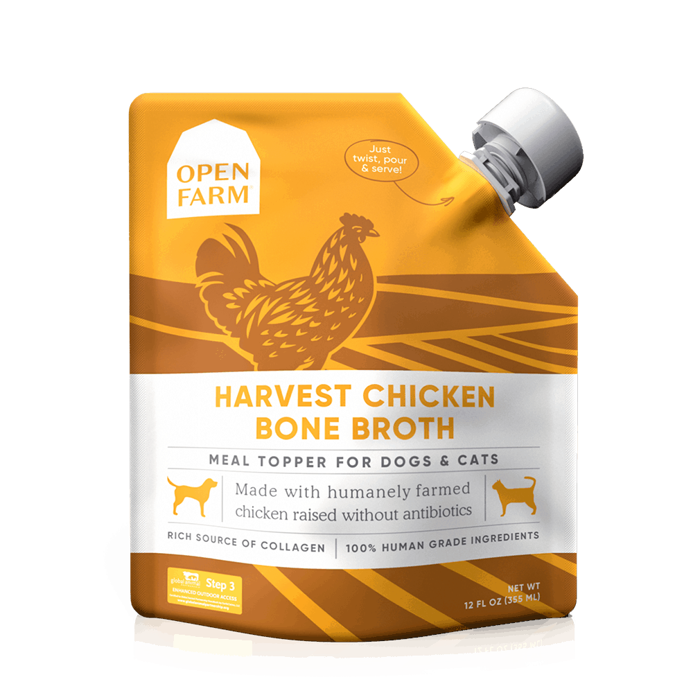 Chicken bone broth is a healthy dog food topper. This single protein recipe has six ingredients and is rich in collagen, which helps soothe and repair tissues in a dog's digestive tract. It's also slow-simmered on low heat for 18 hours to retain nutrients and extract a flavorful "soup" for dogs.