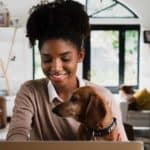 Woman works remotely while holding Dachshund on her lap.