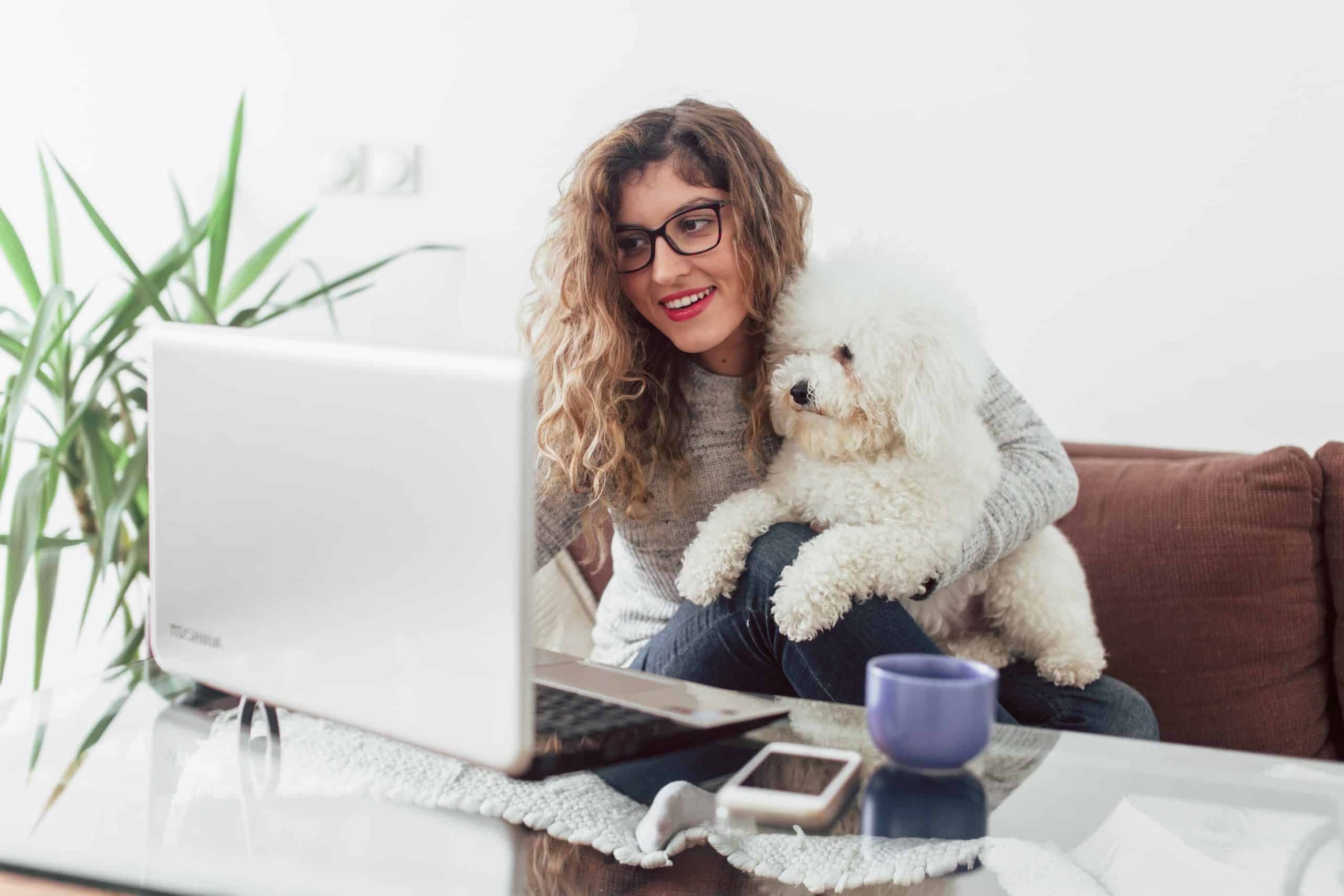 Woman studies while holding her poodle. Dogs help students get better grades in college. Dogs teach responsibility, attention to detail, and help improve self-confidence.