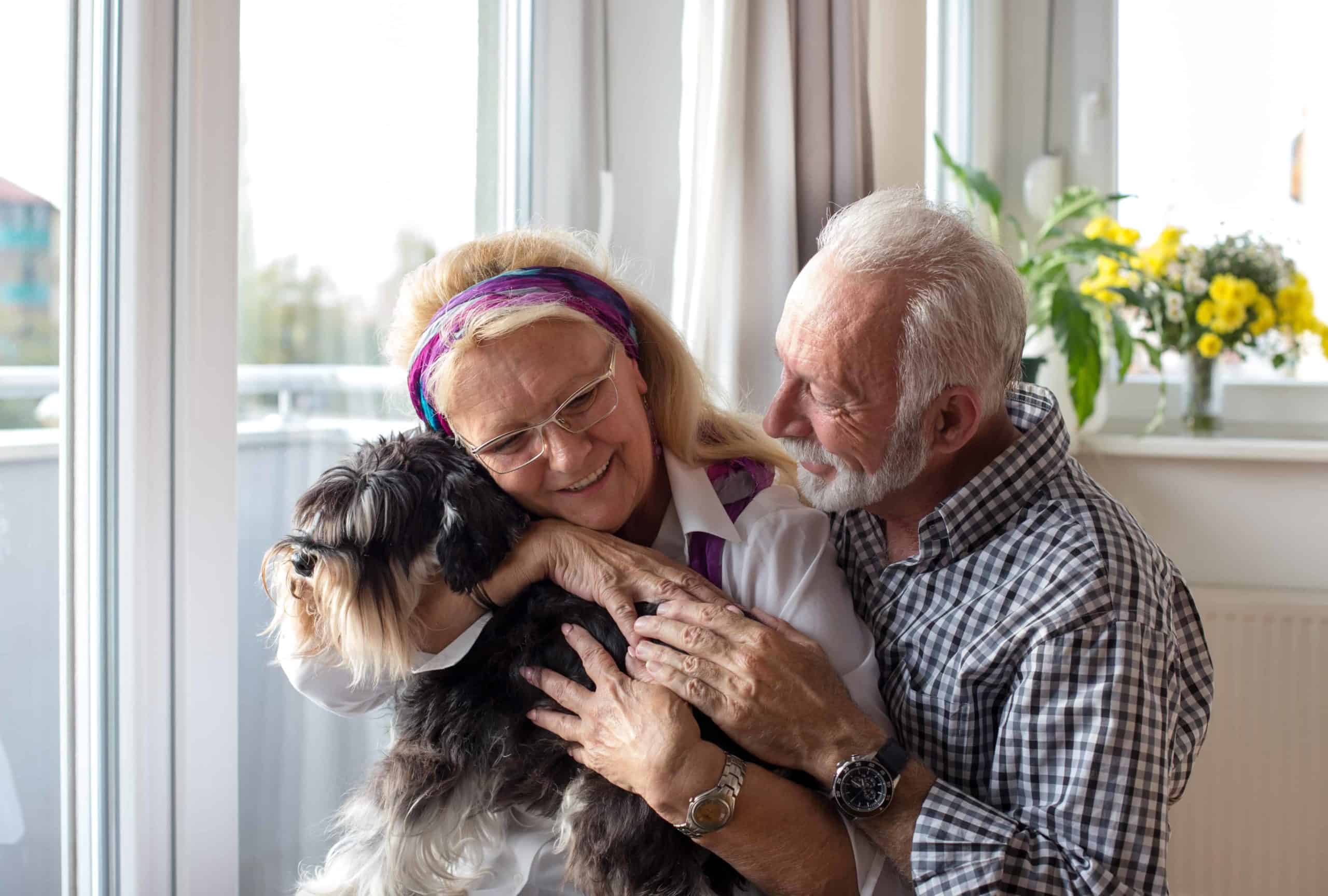 Older couple hugs shaggy dog. Use these tips to help seniors find the perfect dog. Weigh your energy level, physical condition, and your environment when selecting a pet.