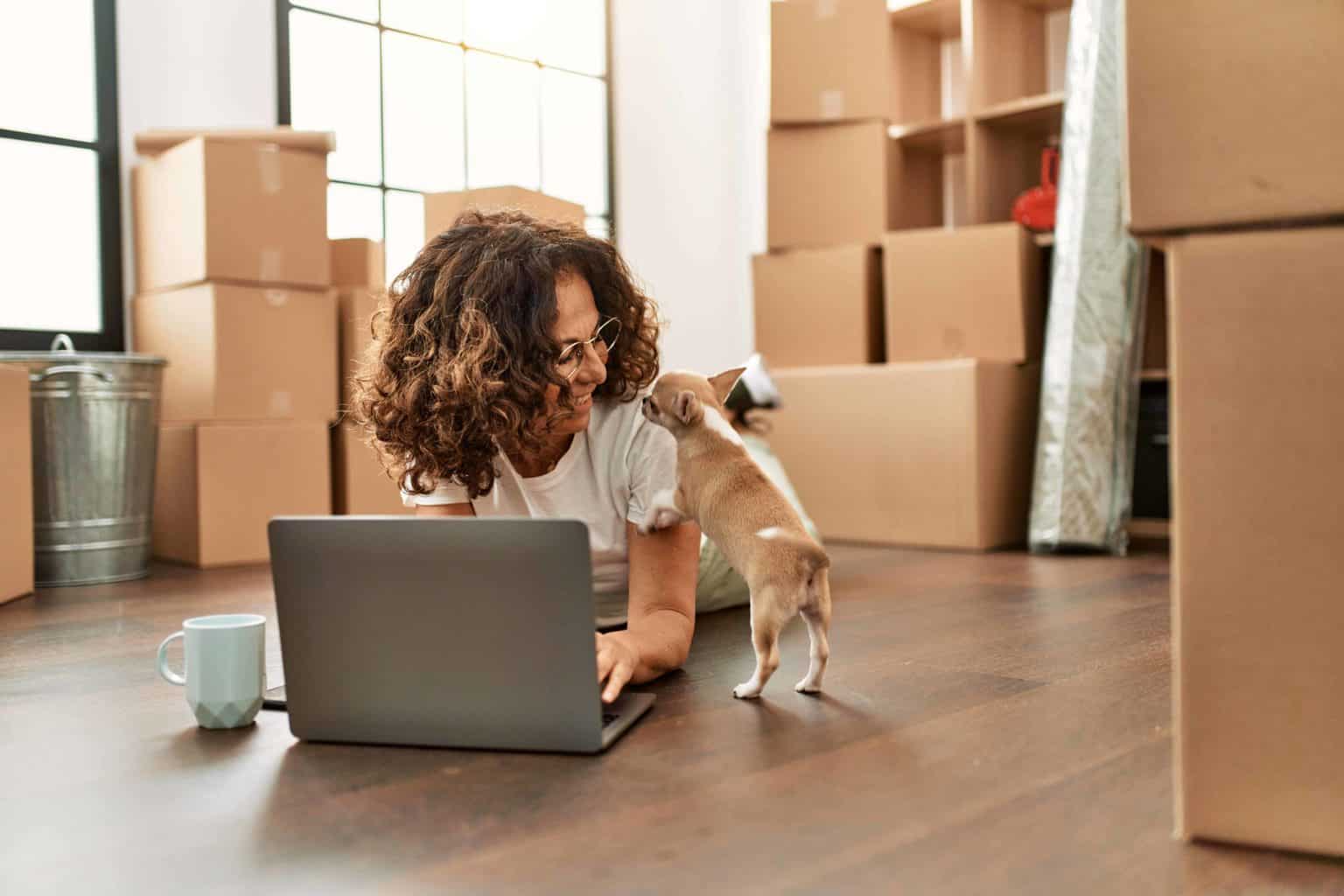 Woman with chihuahua works on her laptop. Ensure that your gadgets are out of reach when they're not in use. Place them on a table or a cabinet they cannot easily reach.