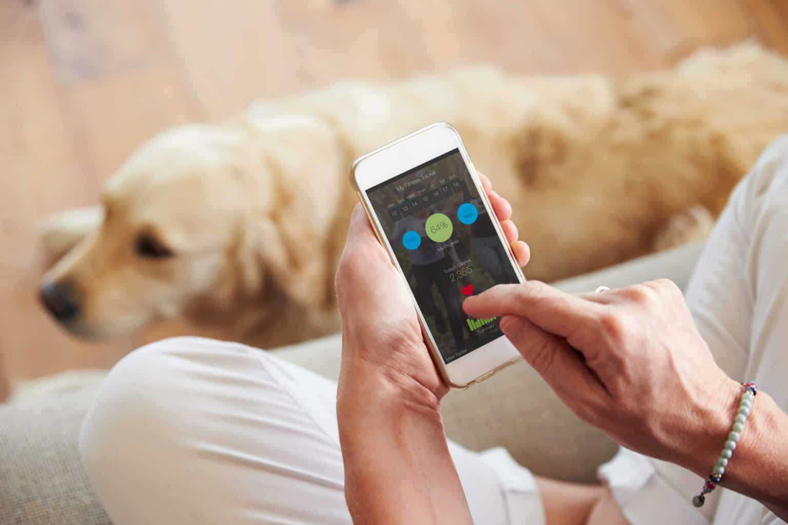 Photo illustration of dog owner using an app to track dog health. Consider using apps to track your dog's health. You can use apps to track your dog's diet, medication, vet appointments, and health records.