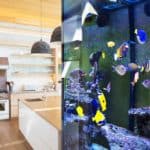 Aquarium full of colorful fish sits next to kitchen. Dog-proof your fish tank by keeping it covered and out of sight. Tire your dog out before you leave your dog home alone with your aquarium.