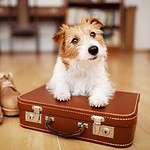 Jack Russell Terrier sits on suitcase. For your dog's first hotel stay, choose a dog-friendly hotel, book a first-floor room, and plan to use the dog's crate and favorite treats.