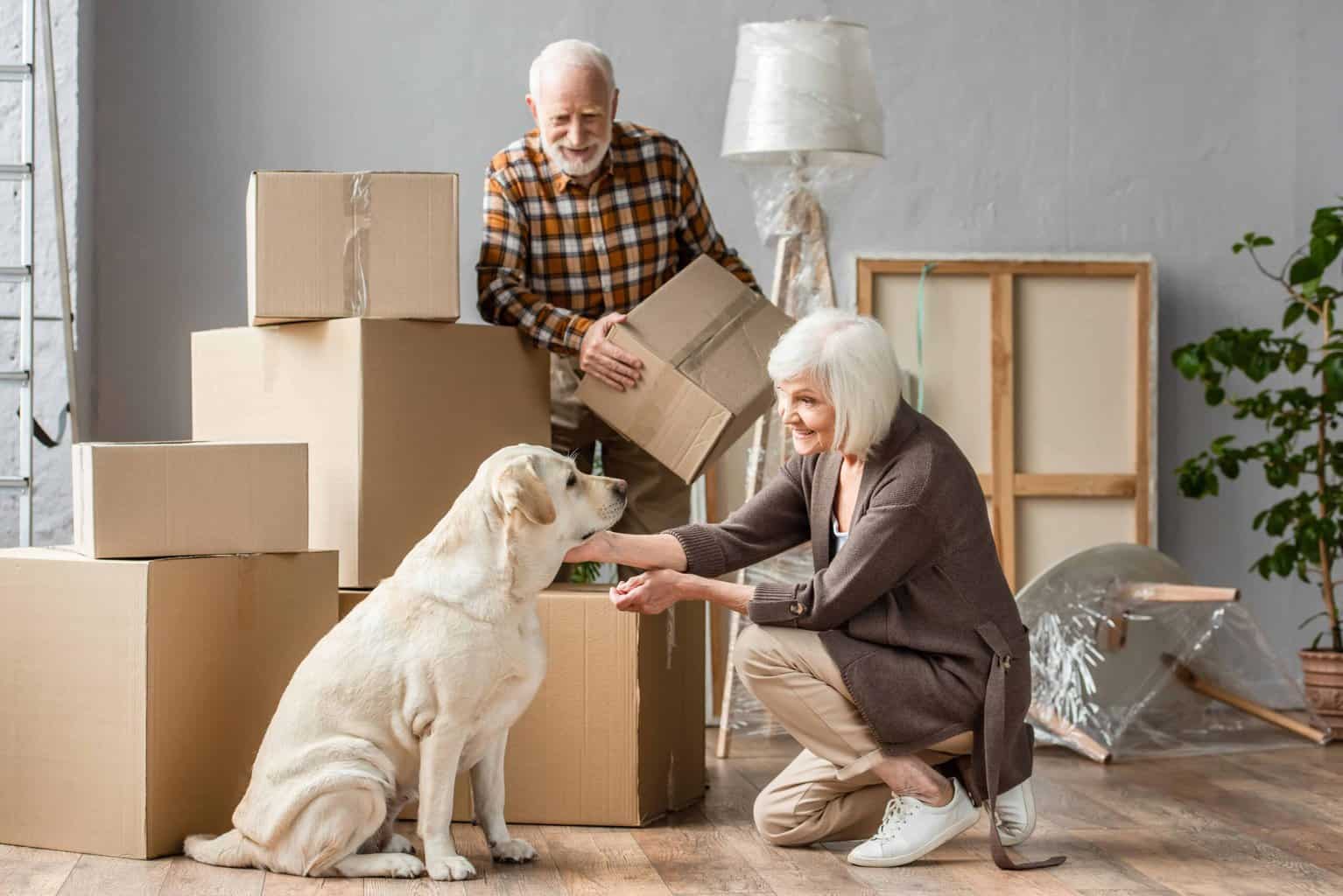 Older couple with yellow Labrador packs boxes to prepare for long-distance move.