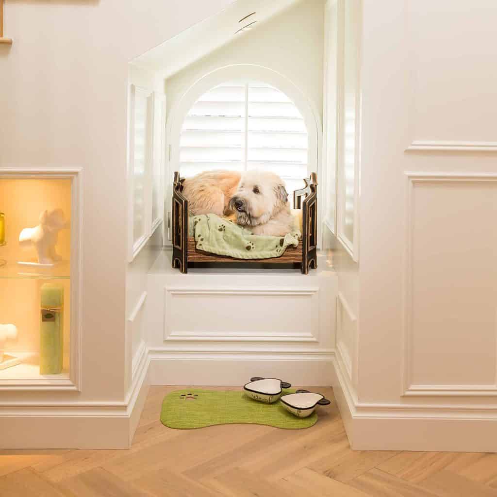 Dog nook in the hallway. Create a pet room or dog nook in your hallway. This can be as simple as adding a bench covered with pet beds and toys for your furry friends.
