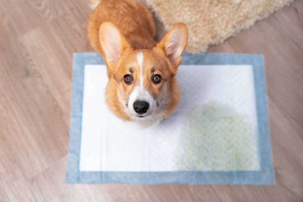 Corgi puppy uses puppy potty training pad. A puppy potty training pad can help you begin potty training. Encourage your dog to use the puppy pad, then move it outside, so your pup learns to go potty outside.