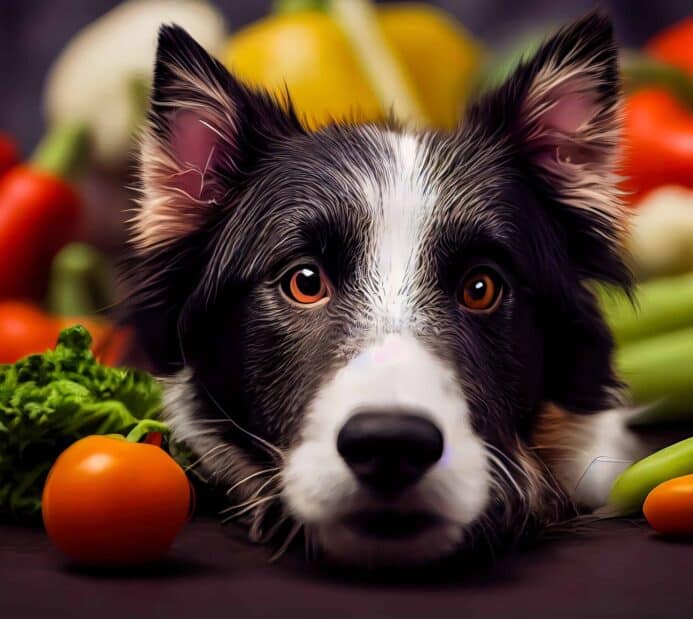 Photo illustration of dog with tomato. Feeding your pup tomatoes in moderation can be beneficial. 