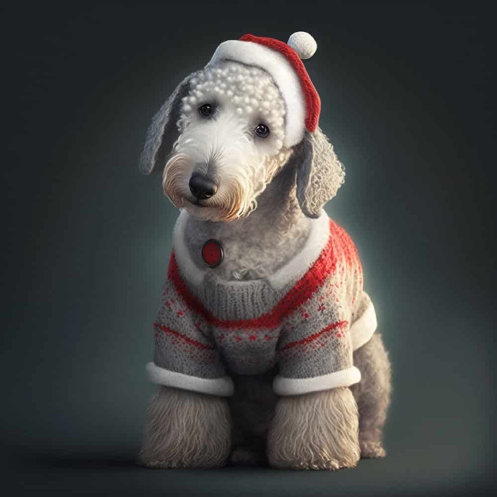 Cute Bedlington Terrier wears a hat and sweater. Bedlington Terriers are smart and eager to please, making them easy to train with positive reinforcement and plenty of praise. Keep their energetic personalities in mind when training by using active and upbeat methods.