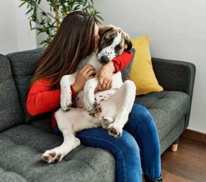 Woman cuddles with dog on couch. 