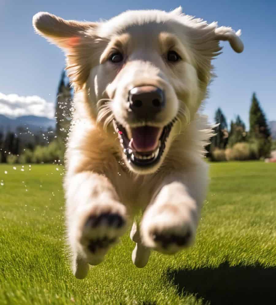 Happy dog runs across the yard. Female dogs squat to pee, which can concentrate nitrogen in a smaller area. Male dogs often lift their leg and pee over a larger area.