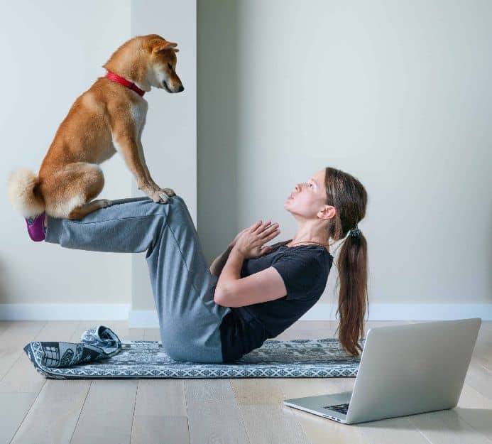Woman does yoga with Shiba Inu. Achieve health goals by adding dog-friendly exercises.