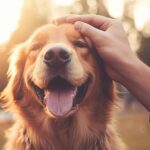 Owner pets Golden Retriever. The history of dogs and humans shows how they formed a unique bond.