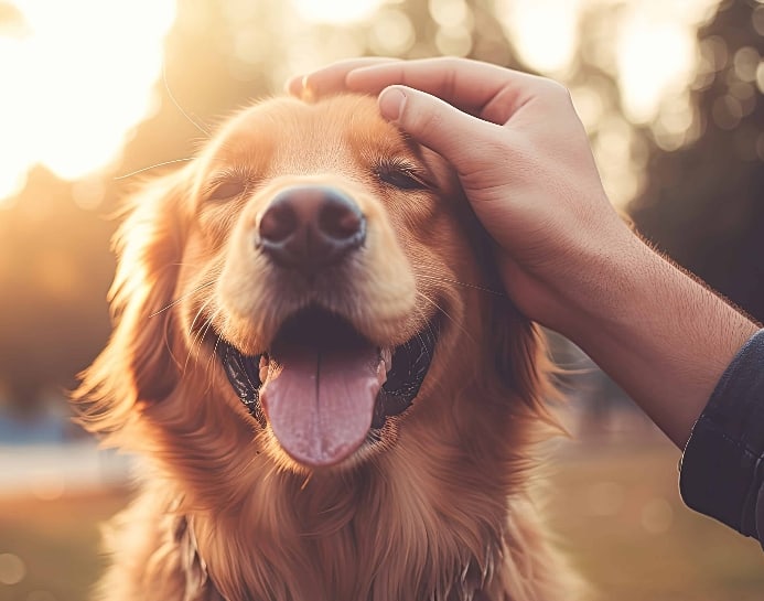 Owner pets Golden Retriever. The history of dogs and humans shows how they formed a unique bond.